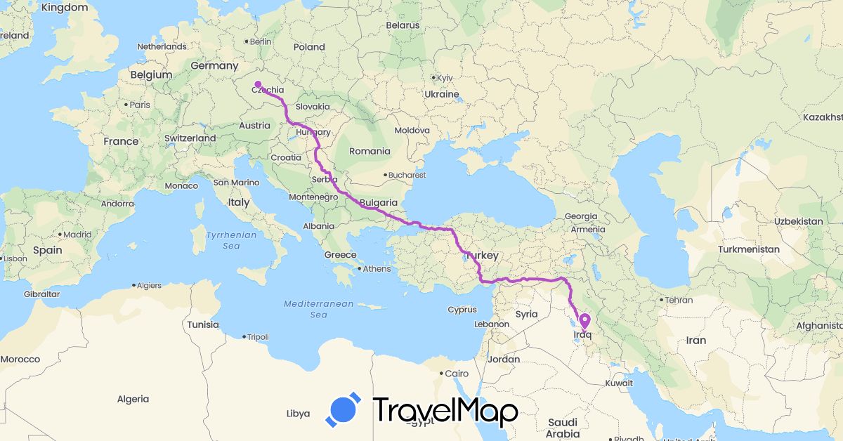 TravelMap itinerary: bus, train in Czech Republic, Iraq (Asia, Europe)